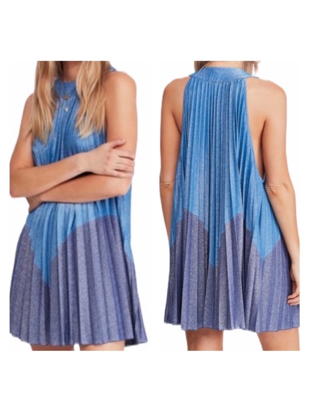 FREE PEOPLE Metallic Blue Babydoll Dress Size L